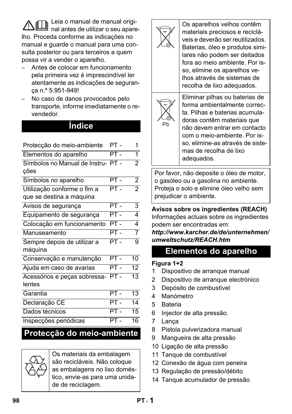 Índice, Protecção do meio-ambiente, Elementos do aparelho | Karcher HDS 1000 De User Manual | Page 98 / 428