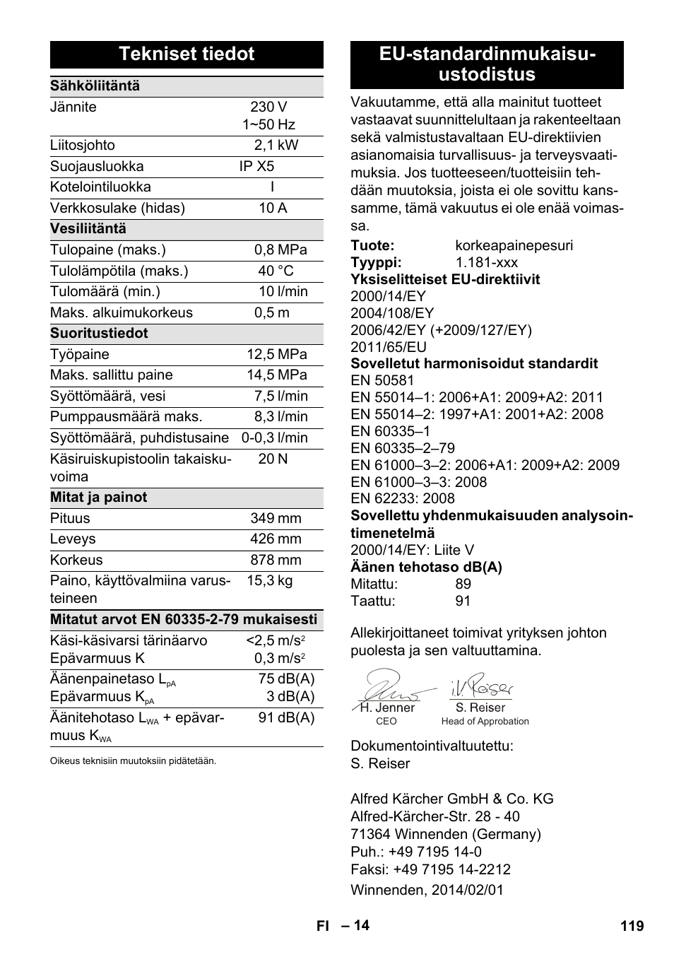 Tekniset tiedot, Eu-standardinmukaisu- ustodistus | Karcher K 5 Premium eco!ogic Home User Manual | Page 119 / 292