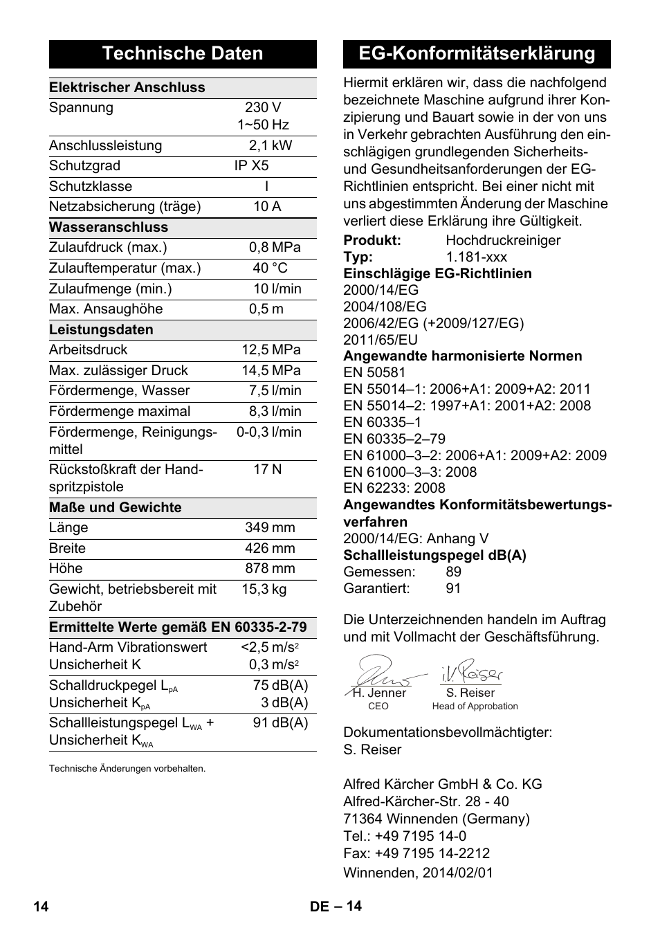Technische daten, Eg-konformitätserklärung | Karcher K 5 Premium eco!ogic Home User Manual | Page 14 / 292