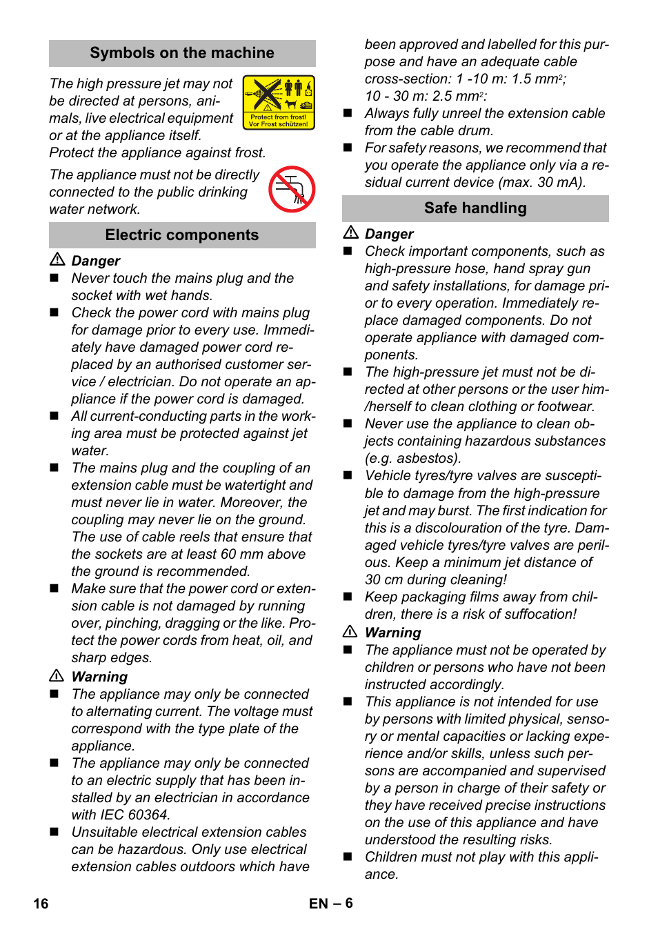 Symbols on the machine, Electric components, Safe handling | Karcher K 5 Premium eco!ogic Home User Manual | Page 16 / 292