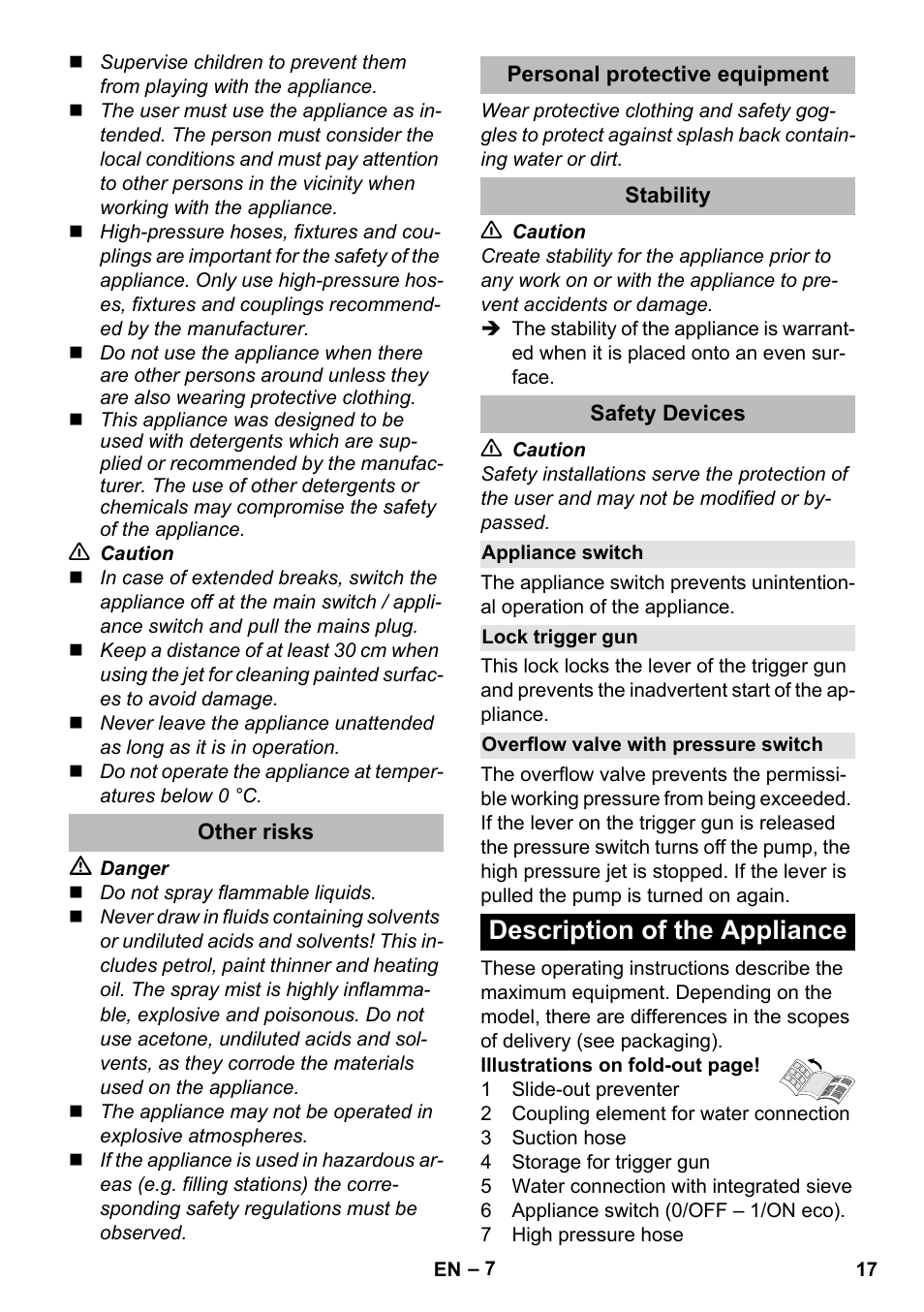 Other risks, Personal protective equipment, Stability | Safety devices, Appliance switch, Lock trigger gun, Overflow valve with pressure switch, Description of the appliance | Karcher K 5 Premium eco!ogic Home User Manual | Page 17 / 292