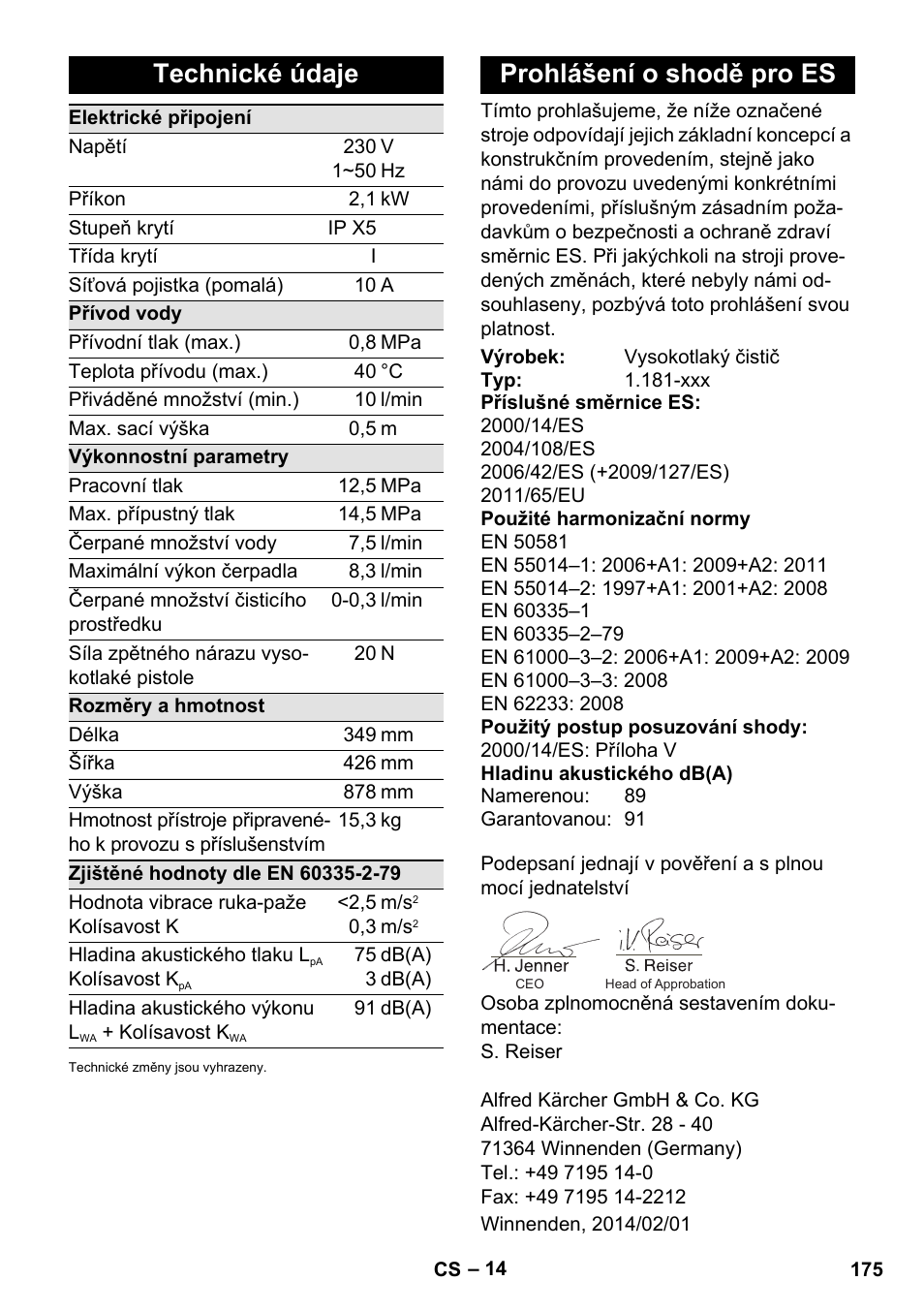 Technické údaje, Prohlášení o shodě pro es | Karcher K 5 Premium eco!ogic Home User Manual | Page 175 / 292