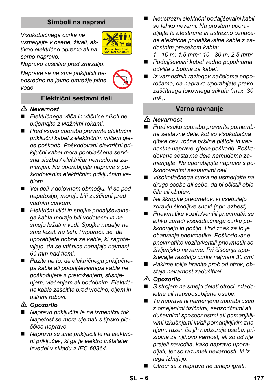 Simboli na napravi, Električni sestavni deli, Varno ravnanje | Karcher K 5 Premium eco!ogic Home User Manual | Page 177 / 292