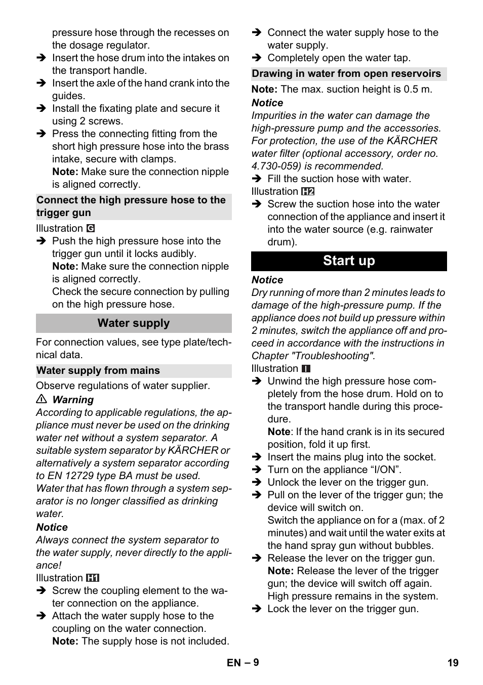 Connect the high pressure hose to the trigger gun, Water supply, Water supply from mains | Drawing in water from open reservoirs, Start up | Karcher K 5 Premium eco!ogic Home User Manual | Page 19 / 292