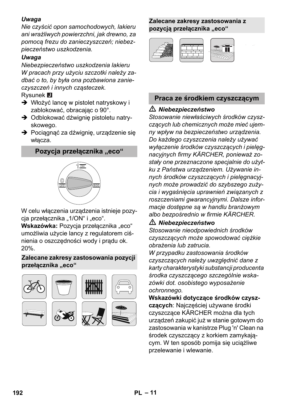 Pozycja przełącznika „eco, Praca ze środkiem czyszczącym | Karcher K 5 Premium eco!ogic Home User Manual | Page 192 / 292