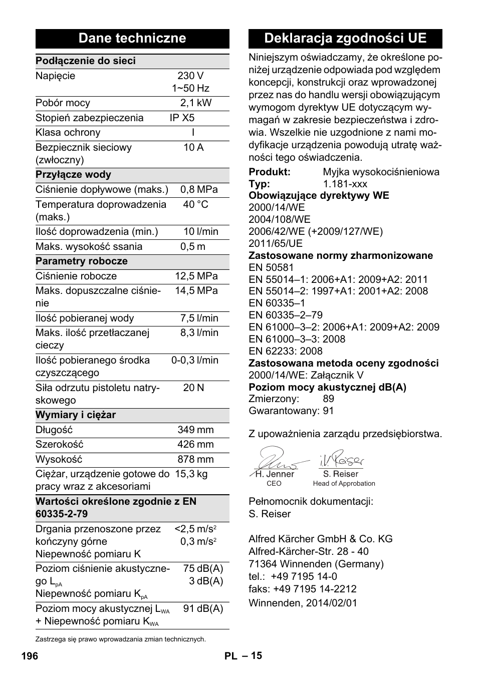 Dane techniczne, Deklaracja zgodności ue | Karcher K 5 Premium eco!ogic Home User Manual | Page 196 / 292