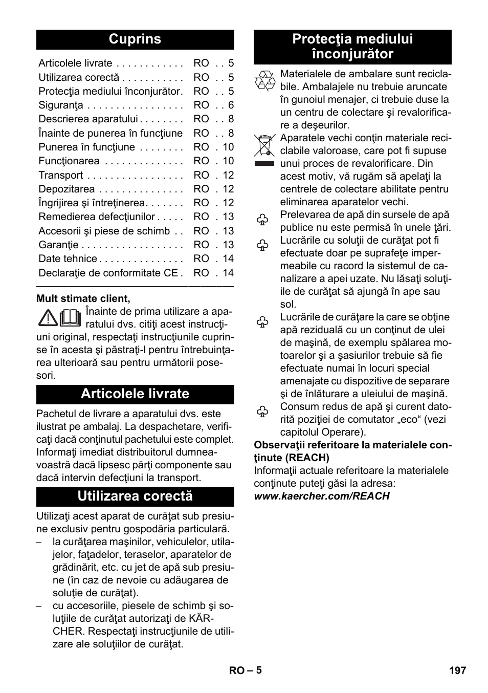 Româneşte, Cuprins, Articolele livrate | Utilizarea corectă, Protecţia mediului înconjurător | Karcher K 5 Premium eco!ogic Home User Manual | Page 197 / 292