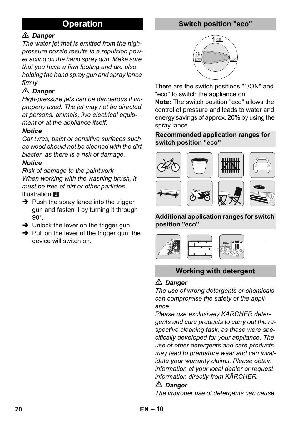 Operation, Switch position "eco, Working with detergent | Karcher K 5 Premium eco!ogic Home User Manual | Page 20 / 292
