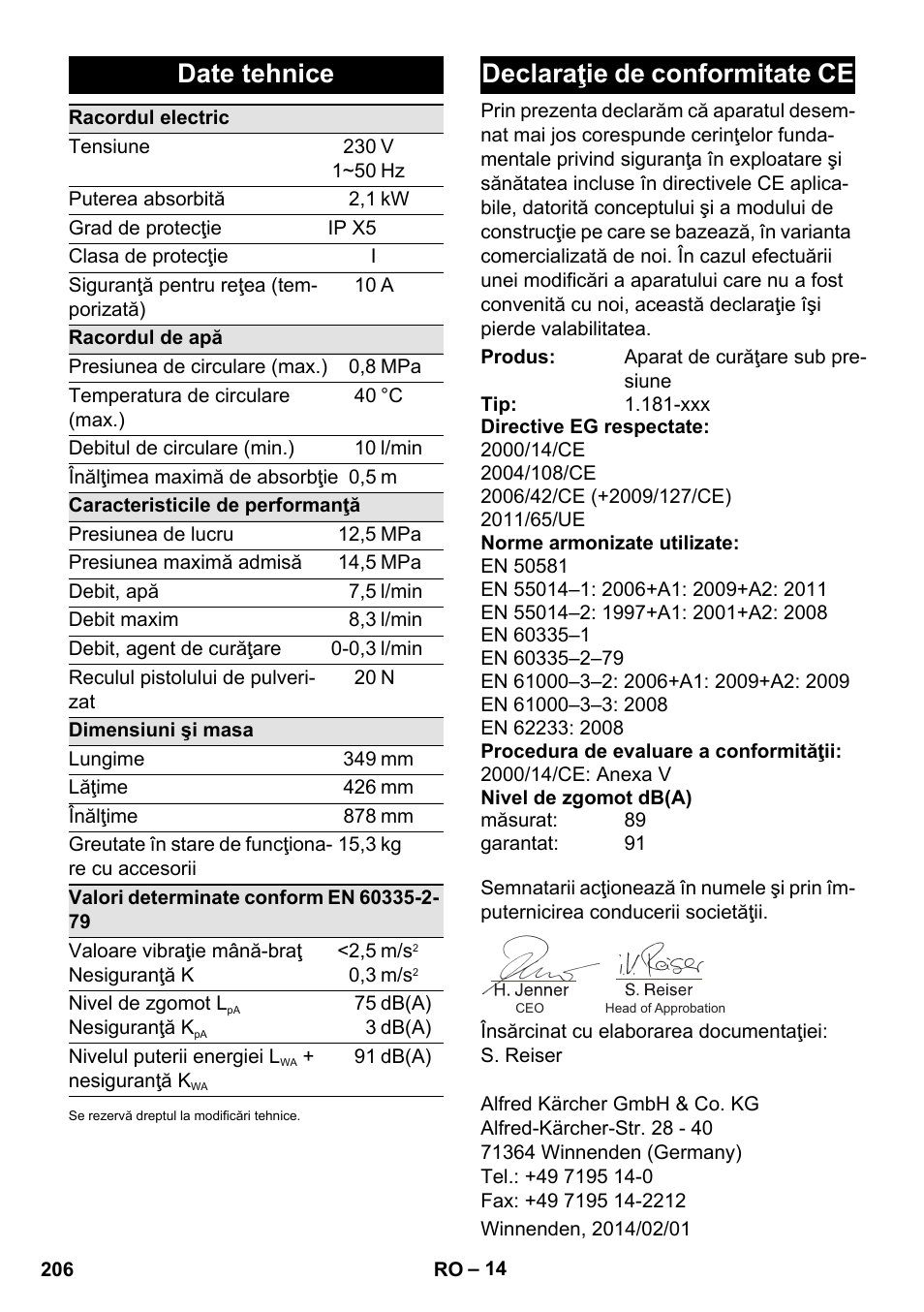 Date tehnice, Declaraţie de conformitate ce | Karcher K 5 Premium eco!ogic Home User Manual | Page 206 / 292