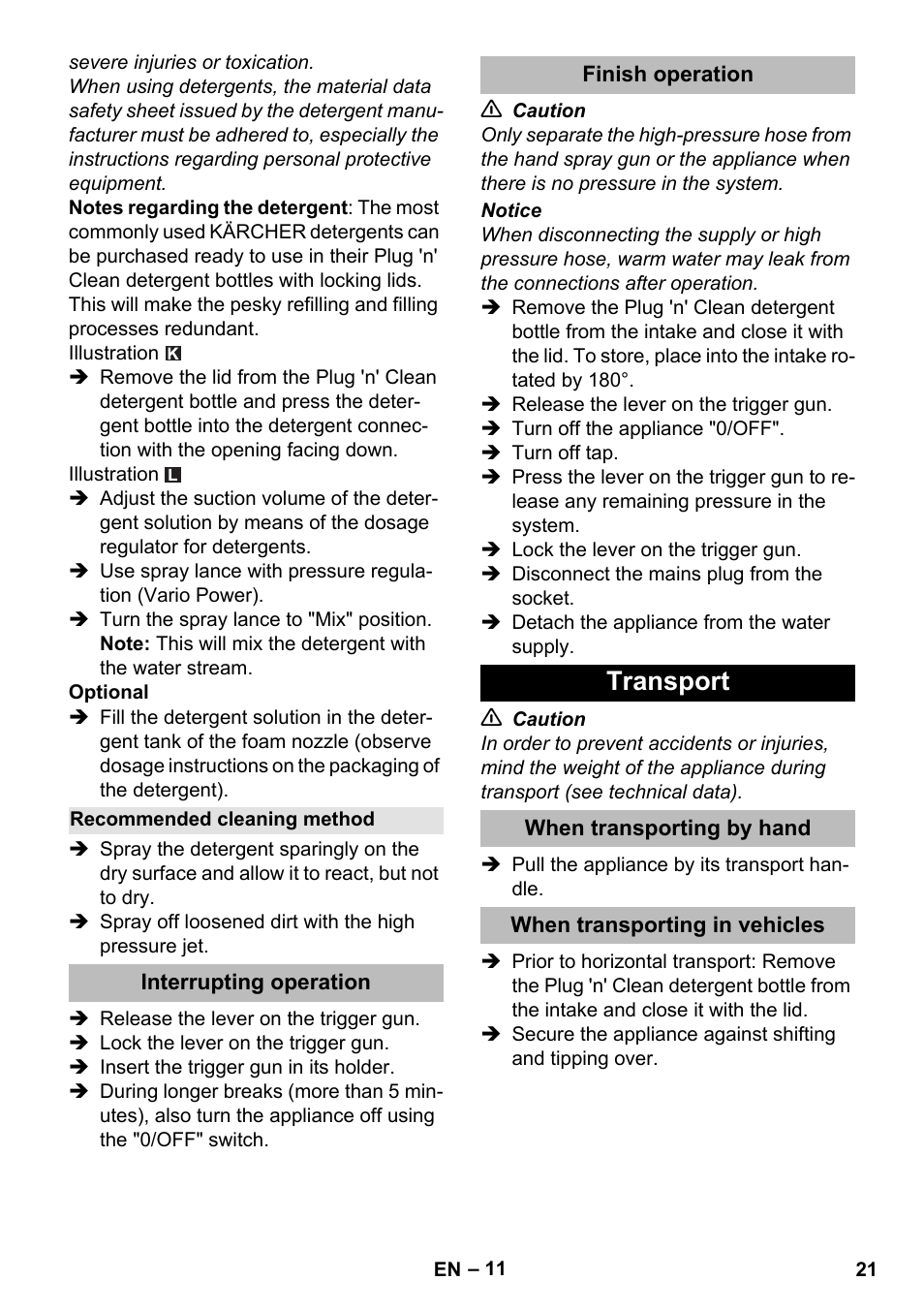 Recommended cleaning method, Interrupting operation, Finish operation | Transport, When transporting by hand, When transporting in vehicles | Karcher K 5 Premium eco!ogic Home User Manual | Page 21 / 292