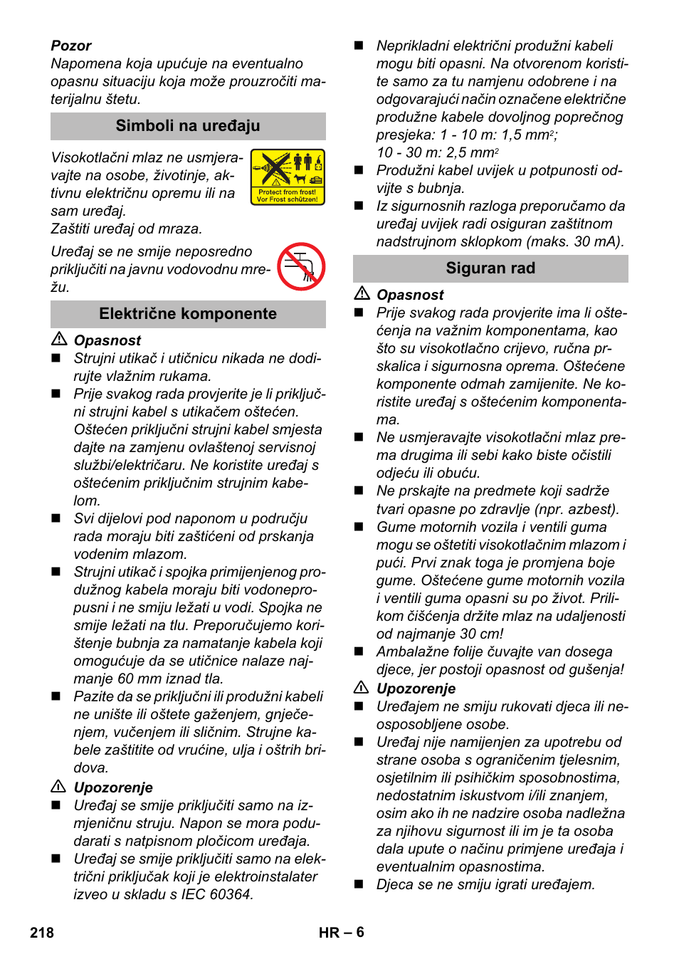 Simboli na uređaju, Električne komponente, Siguran rad | Karcher K 5 Premium eco!ogic Home User Manual | Page 218 / 292