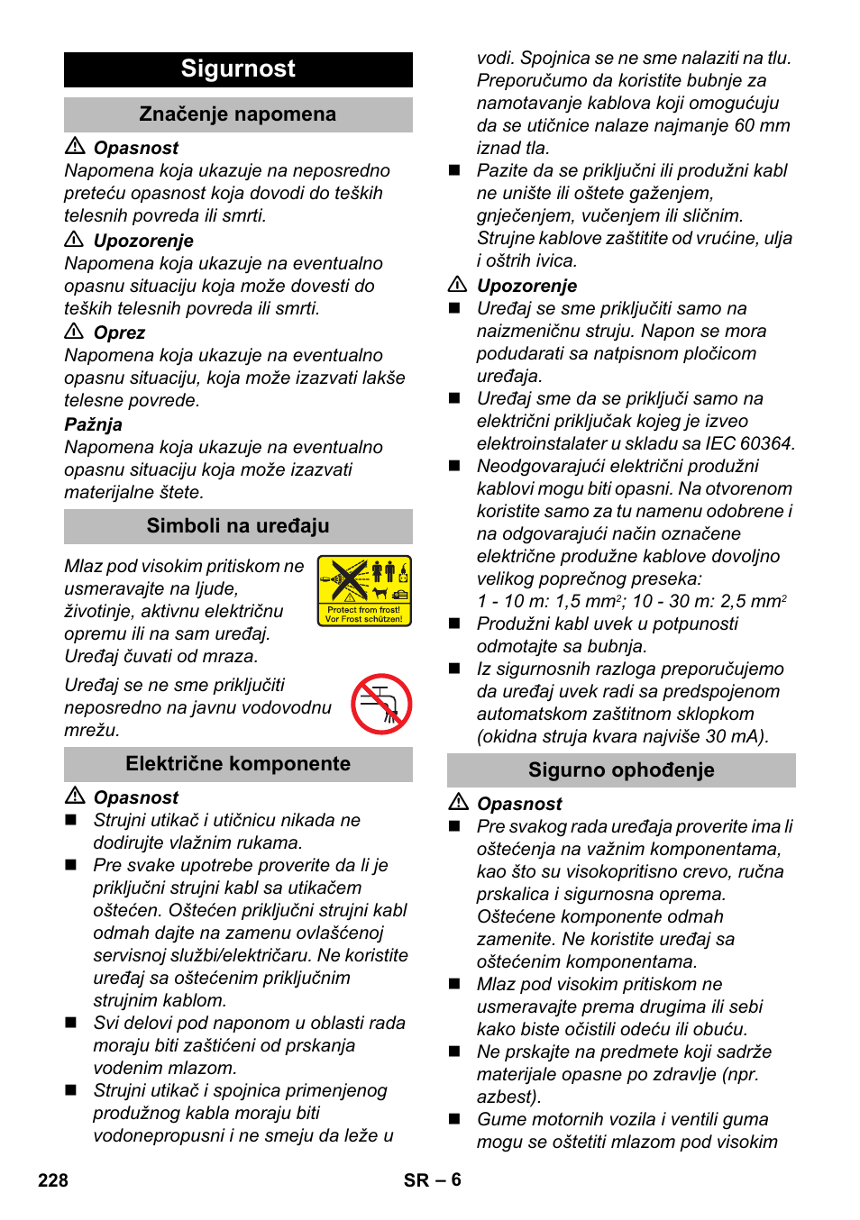 Sigurnost, Značenje napomena, Simboli na uređaju | Električne komponente, Sigurno ophođenje | Karcher K 5 Premium eco!ogic Home User Manual | Page 228 / 292