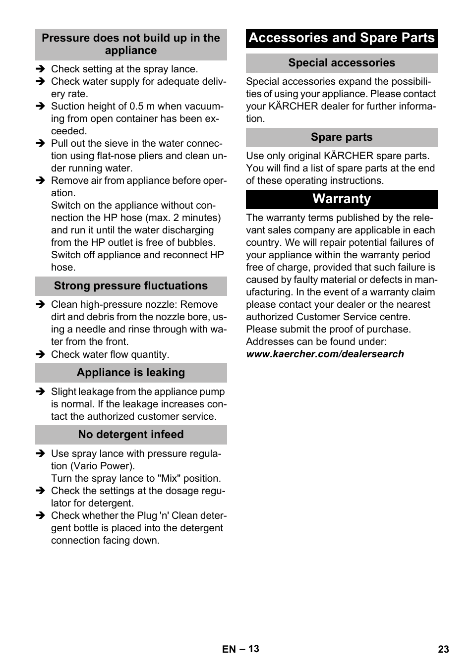 Pressure does not build up in the appliance, Strong pressure fluctuations, Appliance is leaking | No detergent infeed, Accessories and spare parts, Special accessories, Spare parts, Warranty | Karcher K 5 Premium eco!ogic Home User Manual | Page 23 / 292