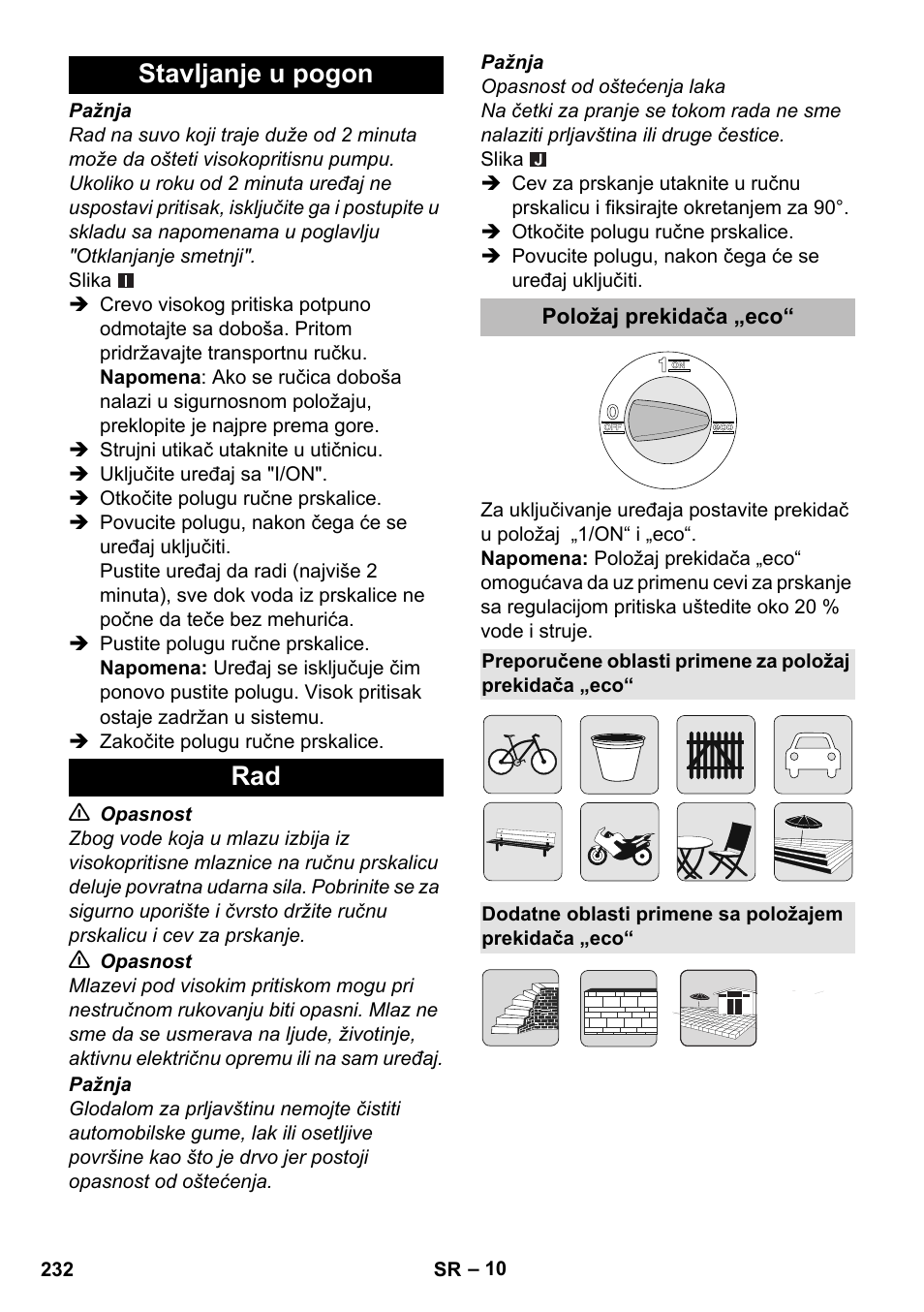 Stavljanje u pogon, Položaj prekidača „eco, Stavljanje u pogon rad | Karcher K 5 Premium eco!ogic Home User Manual | Page 232 / 292