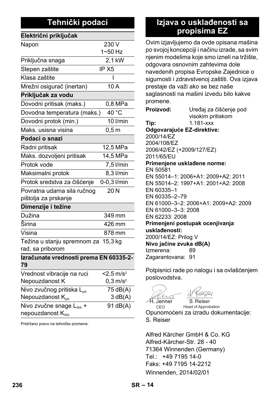 Tehnički podaci, Izjava o usklađenosti sa propisima ez | Karcher K 5 Premium eco!ogic Home User Manual | Page 236 / 292