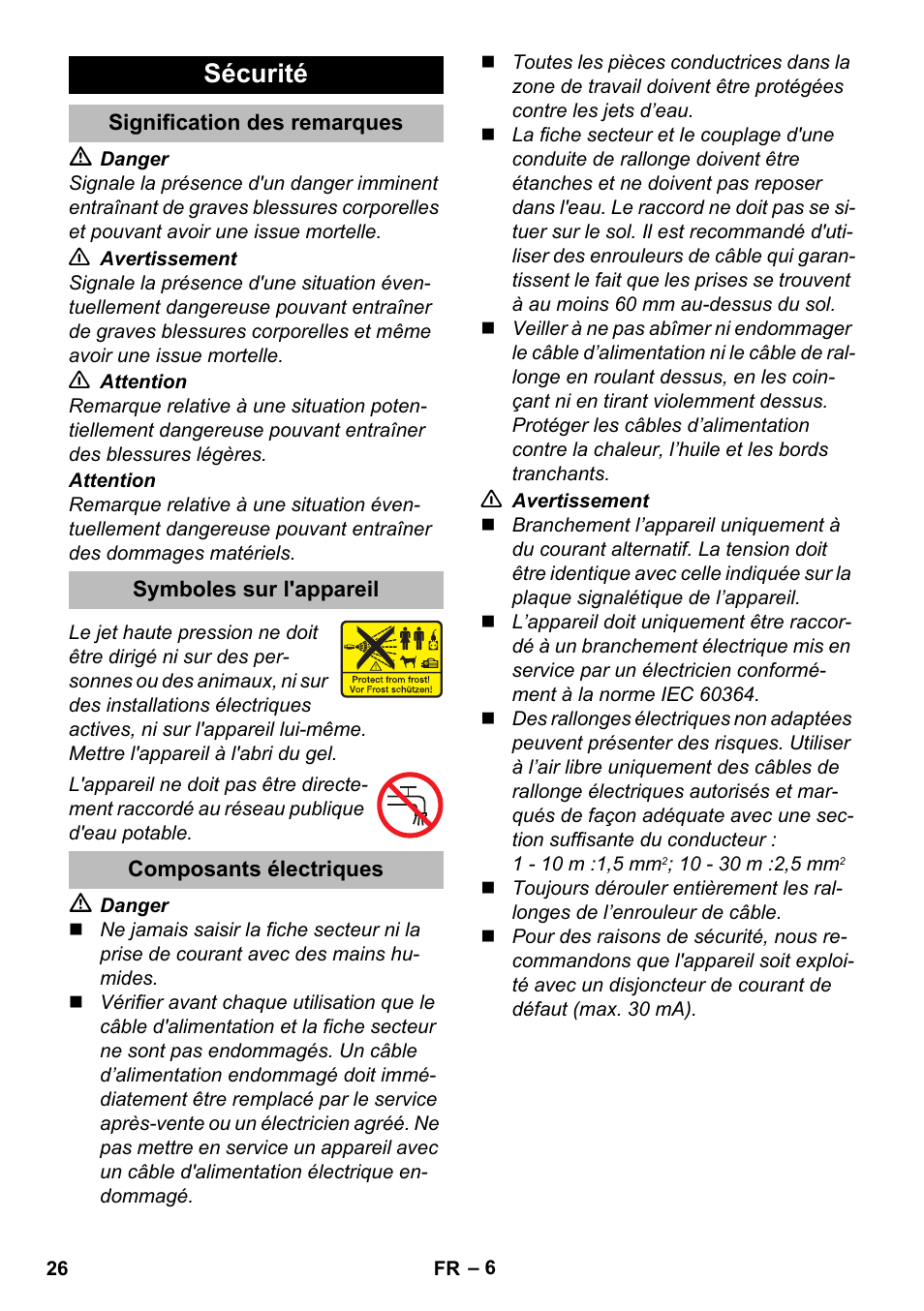 Sécurité, Signification des remarques, Symboles sur l'appareil | Composants électriques | Karcher K 5 Premium eco!ogic Home User Manual | Page 26 / 292