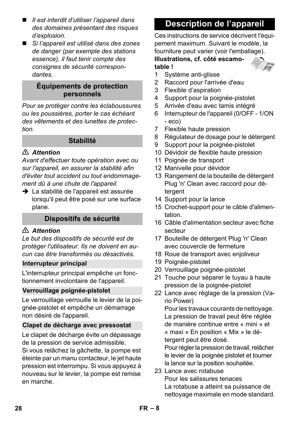 Équipements de protection personnels, Stabilité, Dispositifs de sécurité | Interrupteur principal, Verrouillage poignée-pistolet, Clapet de décharge avec pressostat, Description de l’appareil | Karcher K 5 Premium eco!ogic Home User Manual | Page 28 / 292