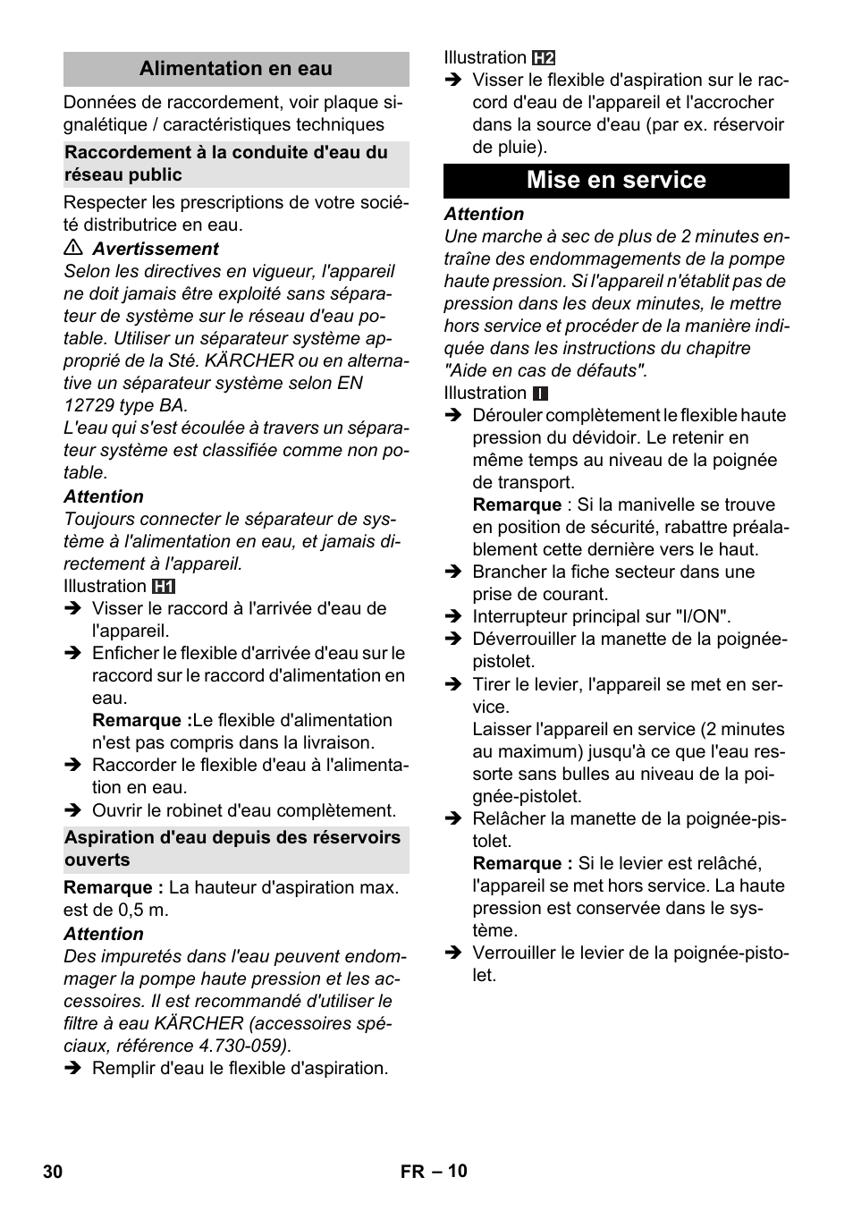 Alimentation en eau, Raccordement à la conduite d'eau du réseau public, Aspiration d'eau depuis des réservoirs ouverts | Mise en service | Karcher K 5 Premium eco!ogic Home User Manual | Page 30 / 292
