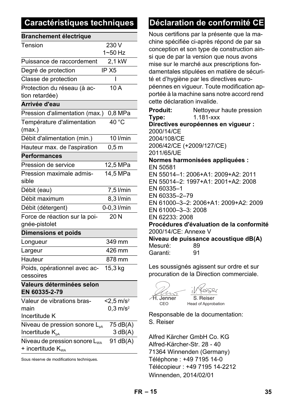 Caractéristiques techniques, Déclaration de conformité ce | Karcher K 5 Premium eco!ogic Home User Manual | Page 35 / 292