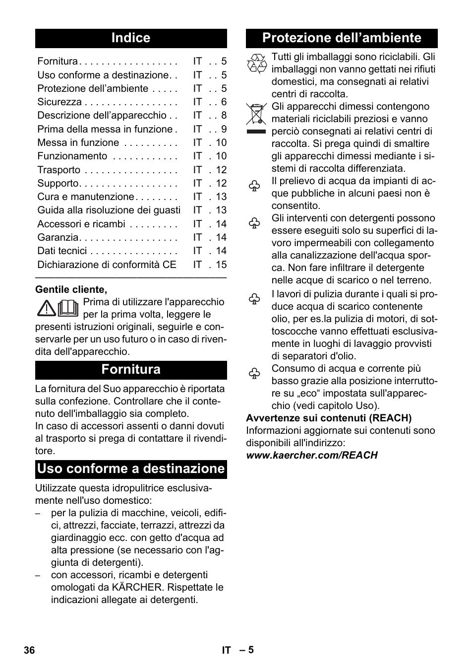 Italiano, Indice, Fornitura | Uso conforme a destinazione, Protezione dell’ambiente | Karcher K 5 Premium eco!ogic Home User Manual | Page 36 / 292