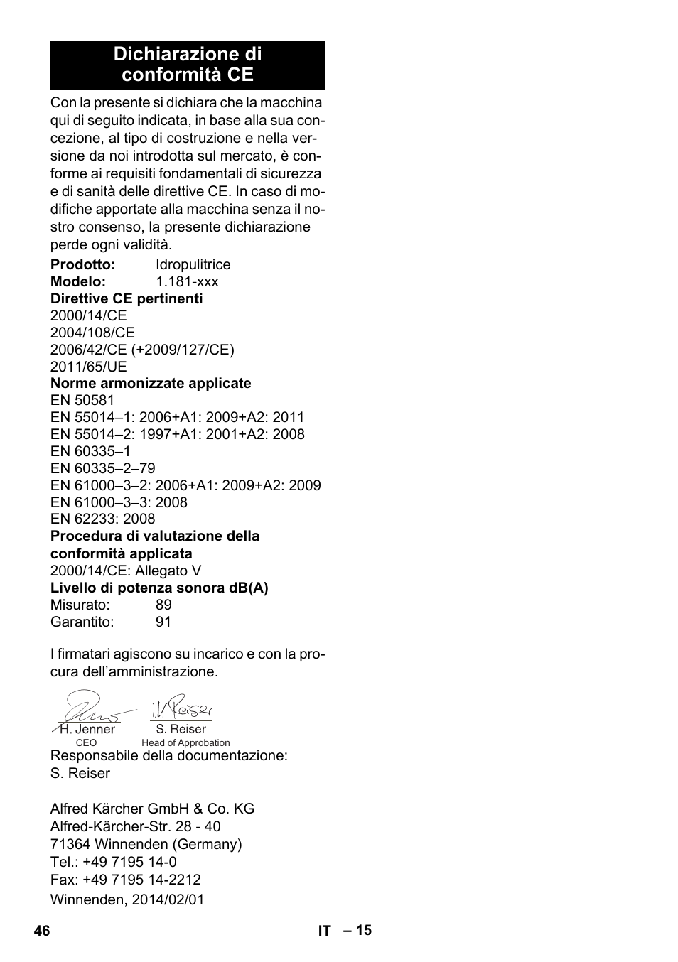 Dichiarazione di conformità ce | Karcher K 5 Premium eco!ogic Home User Manual | Page 46 / 292