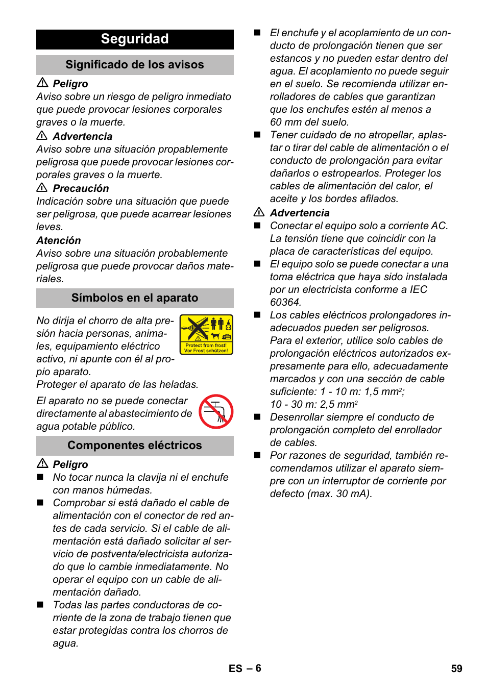 Seguridad, Significado de los avisos, Símbolos en el aparato | Componentes eléctricos | Karcher K 5 Premium eco!ogic Home User Manual | Page 59 / 292