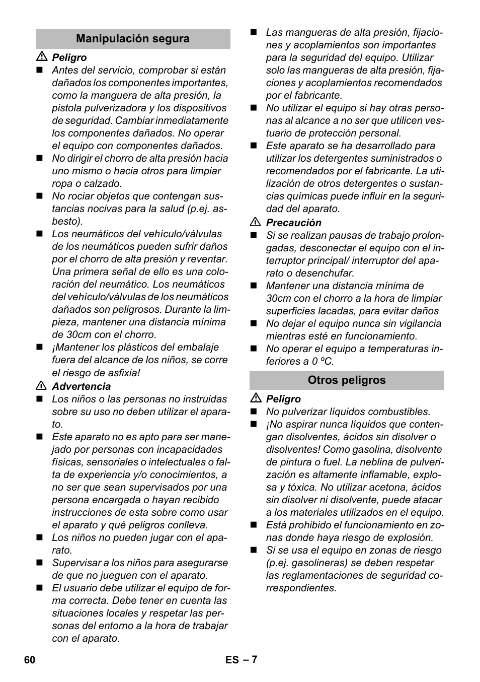 Manipulación segura, Otros peligros | Karcher K 5 Premium eco!ogic Home User Manual | Page 60 / 292