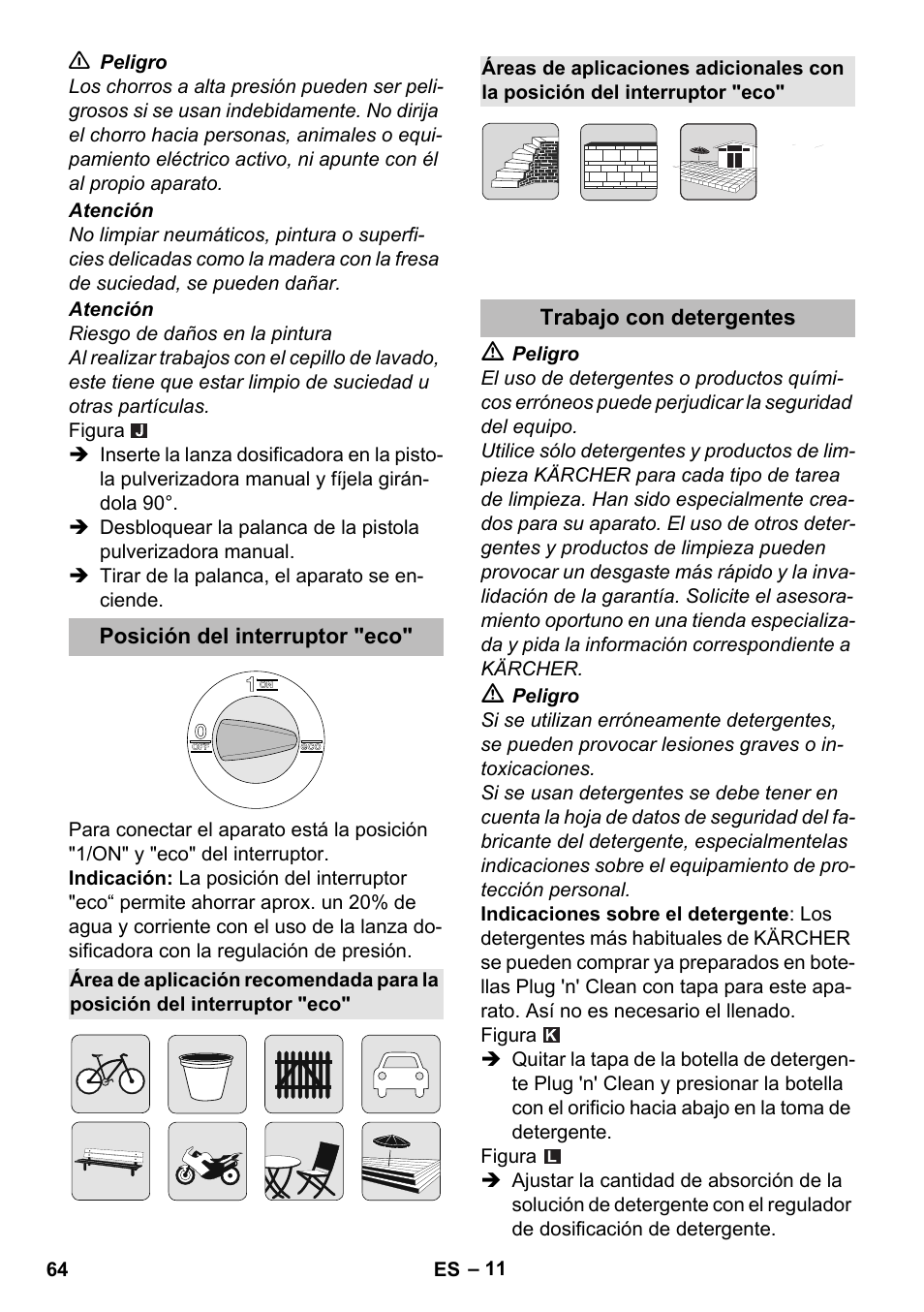 Posición del interruptor "eco, Trabajo con detergentes | Karcher K 5 Premium eco!ogic Home User Manual | Page 64 / 292