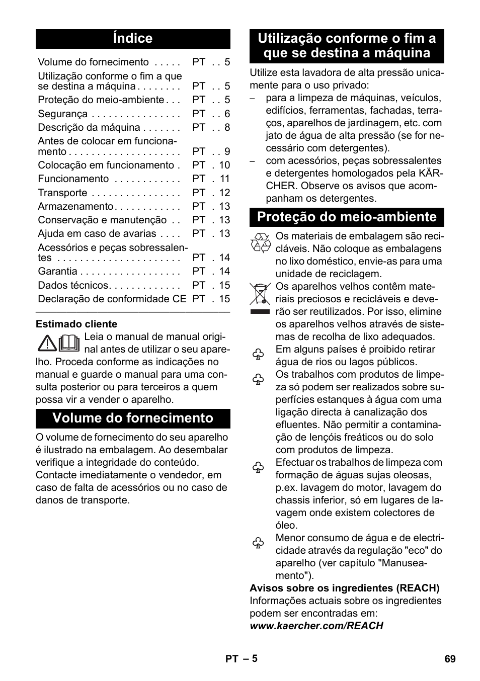 Português, Índice, Volume do fornecimento | Proteção do meio-ambiente | Karcher K 5 Premium eco!ogic Home User Manual | Page 69 / 292