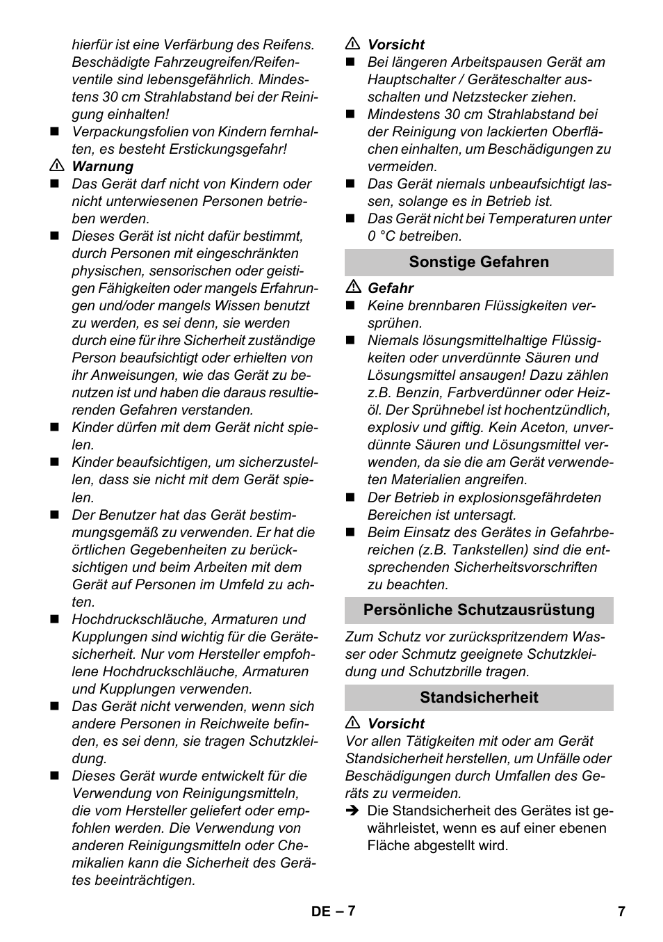 Sonstige gefahren, Persönliche schutzausrüstung, Standsicherheit | Karcher K 5 Premium eco!ogic Home User Manual | Page 7 / 292