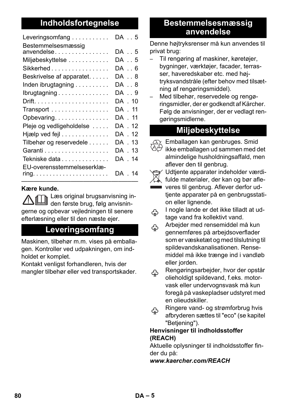 Dansk, Indholdsfortegnelse, Leveringsomfang | Bestemmelsesmæssig anvendelse, Miljøbeskyttelse | Karcher K 5 Premium eco!ogic Home User Manual | Page 80 / 292
