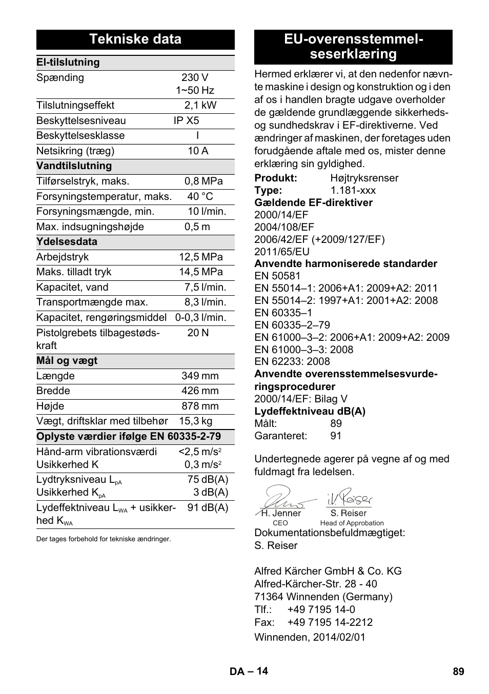 Tekniske data, Eu-overensstemmelseserklæring, Eu-overensstemmel- seserklæring | Karcher K 5 Premium eco!ogic Home User Manual | Page 89 / 292