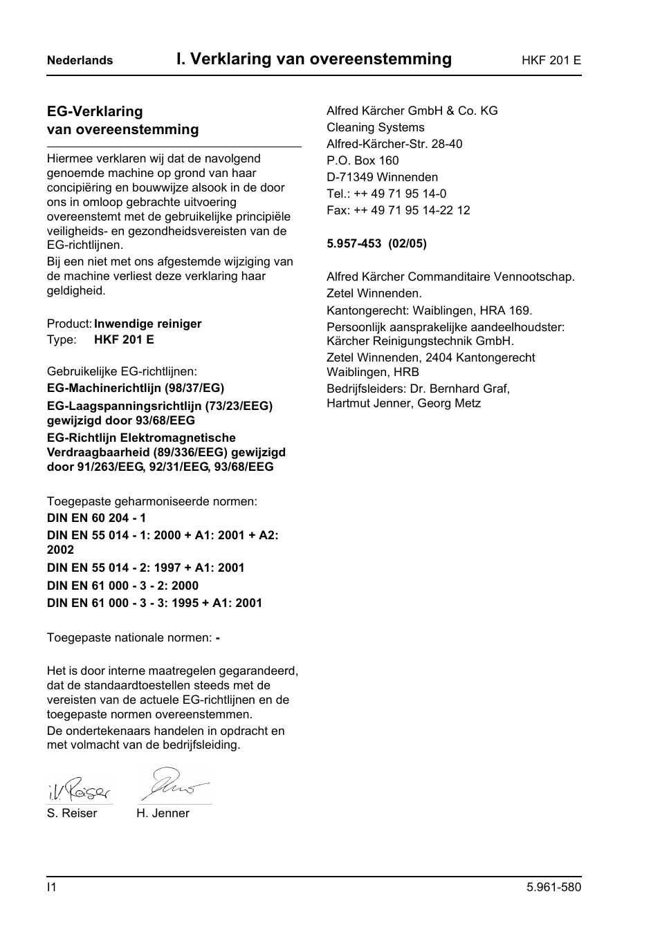 I. verklaring van overeenstemming | Karcher HKF 201 E User Manual | Page 100 / 160