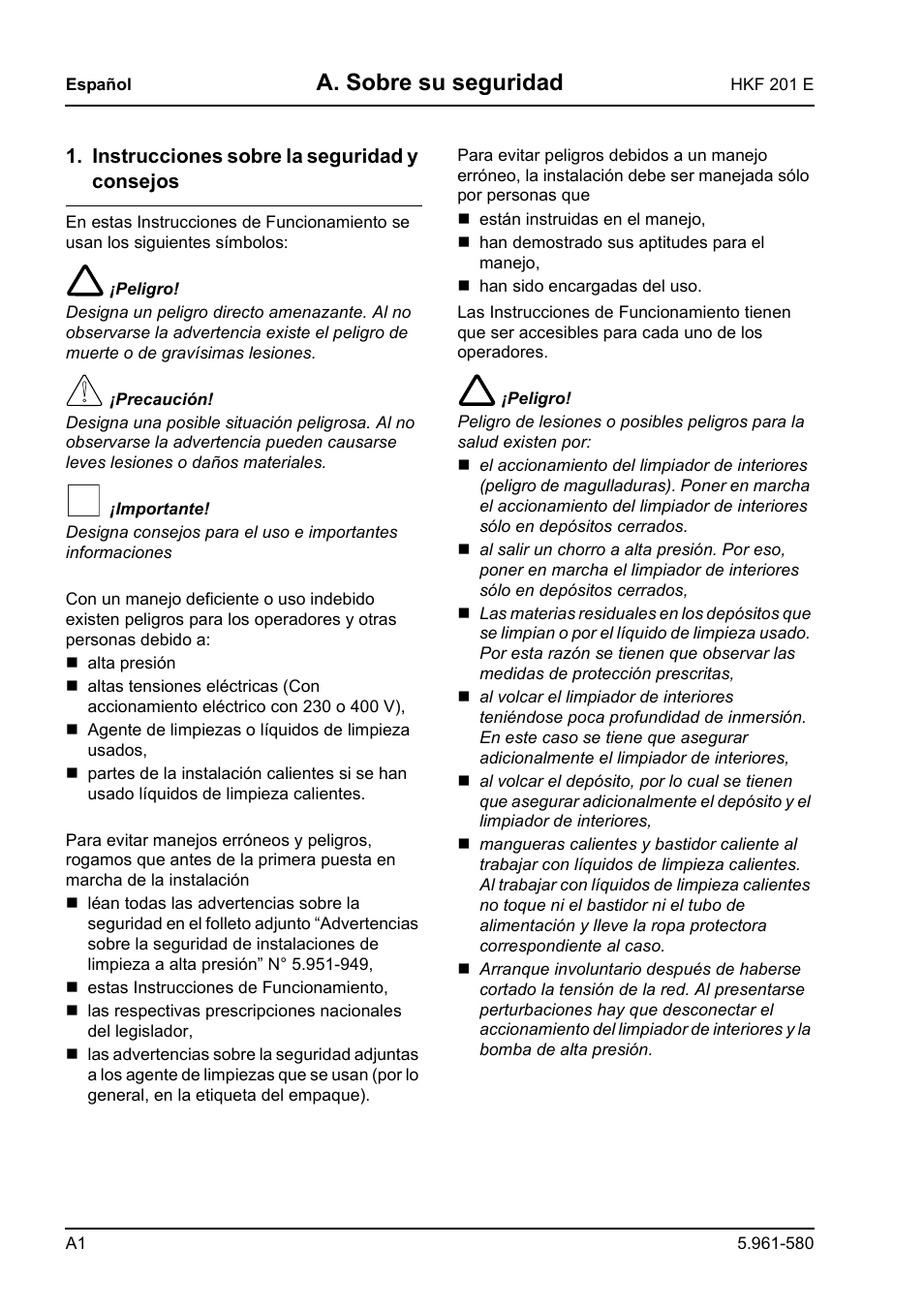 A. sobre su seguridad | Karcher HKF 201 E User Manual | Page 104 / 160