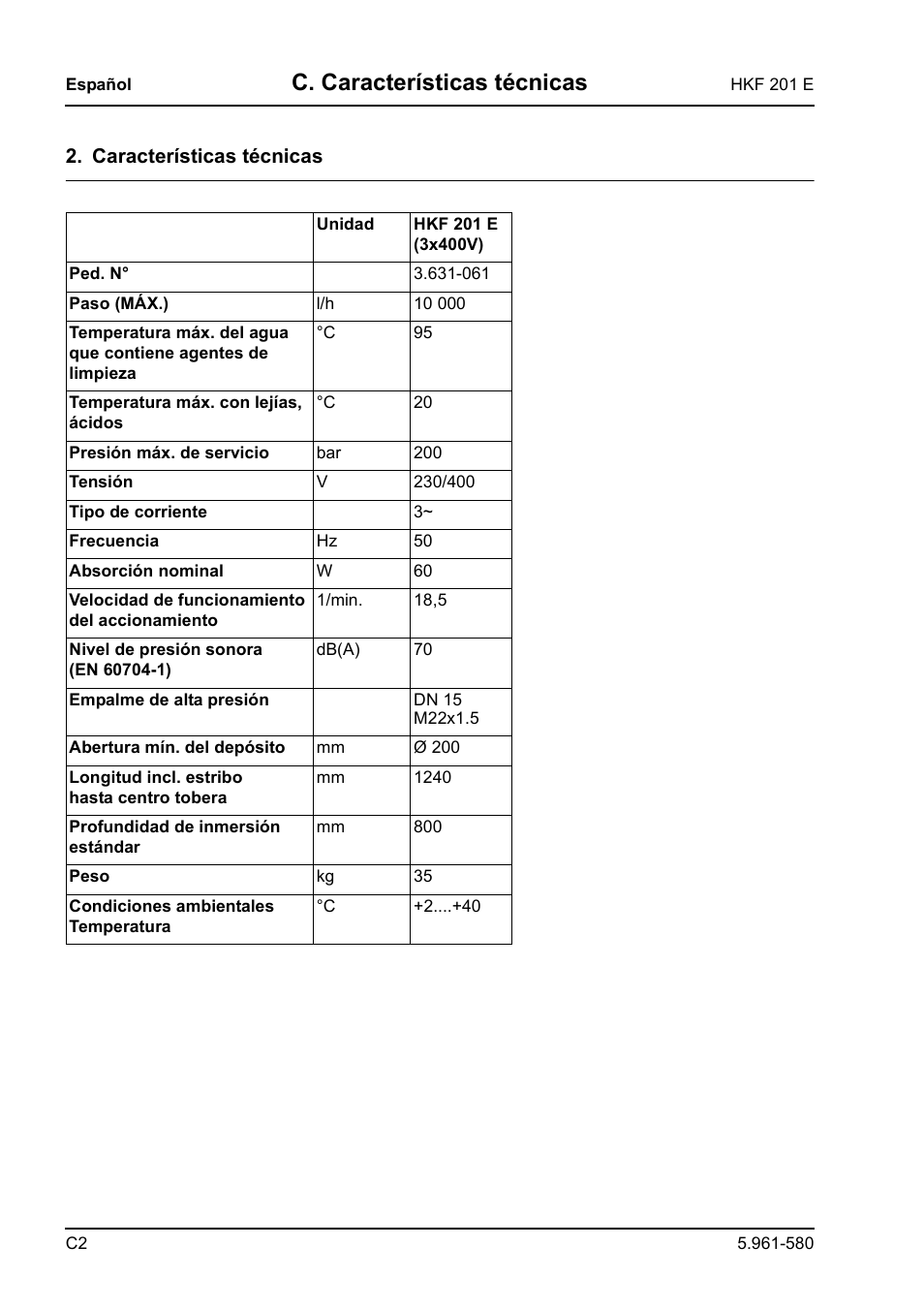 C. características técnicas | Karcher HKF 201 E User Manual | Page 108 / 160