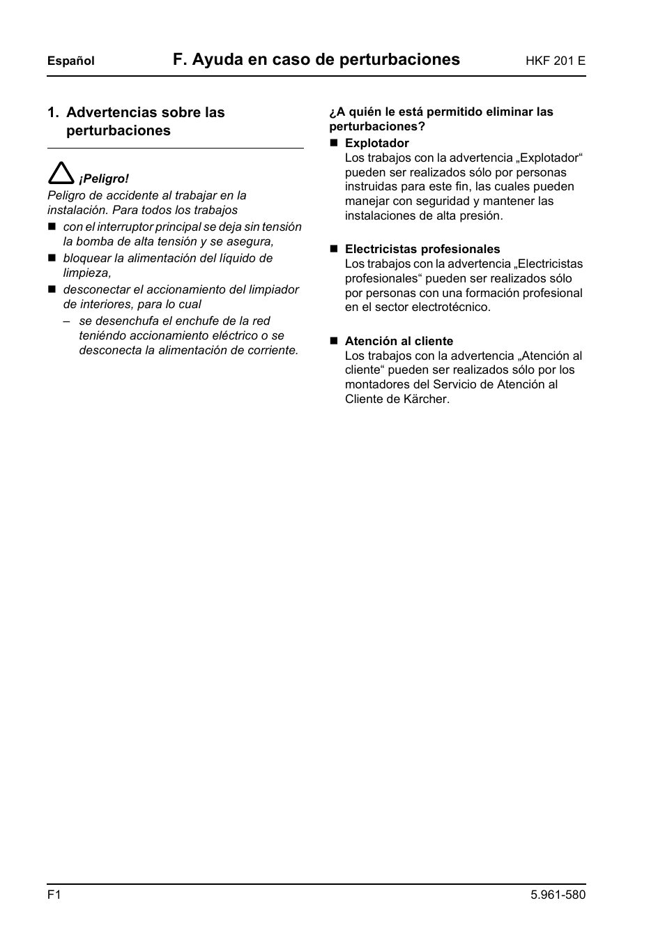 F. ayuda en caso de perturbaciones | Karcher HKF 201 E User Manual | Page 116 / 160