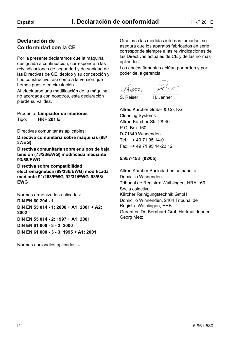 I. declaración de conformidad | Karcher HKF 201 E User Manual | Page 120 / 160