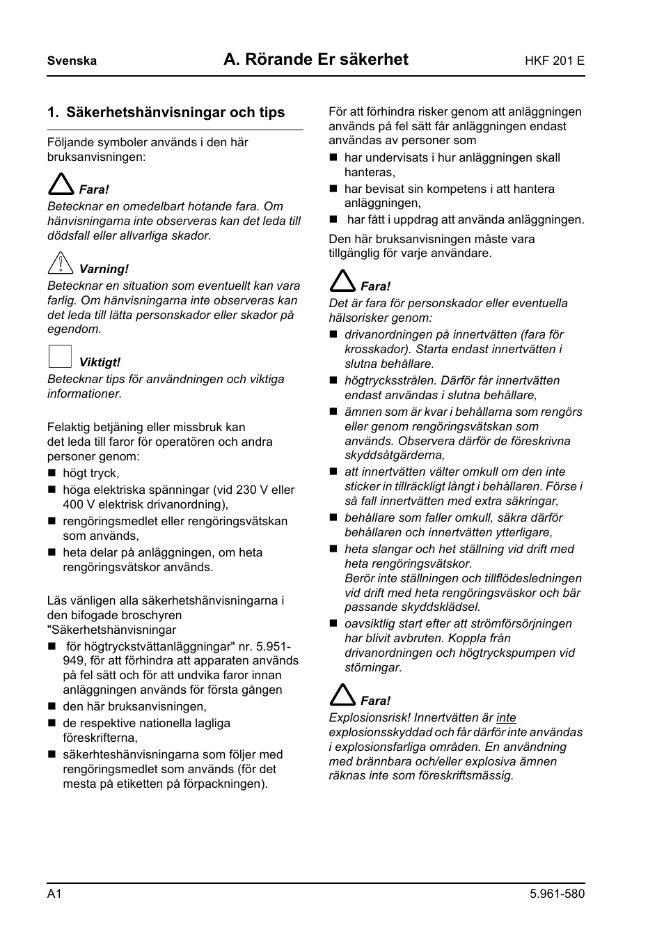 A. rörande er säkerhet | Karcher HKF 201 E User Manual | Page 124 / 160