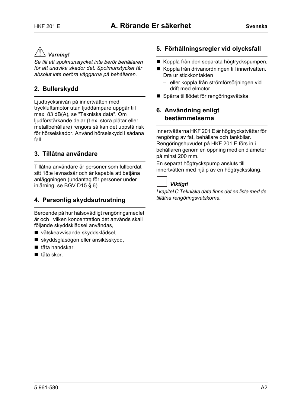 A. rörande er säkerhet | Karcher HKF 201 E User Manual | Page 125 / 160