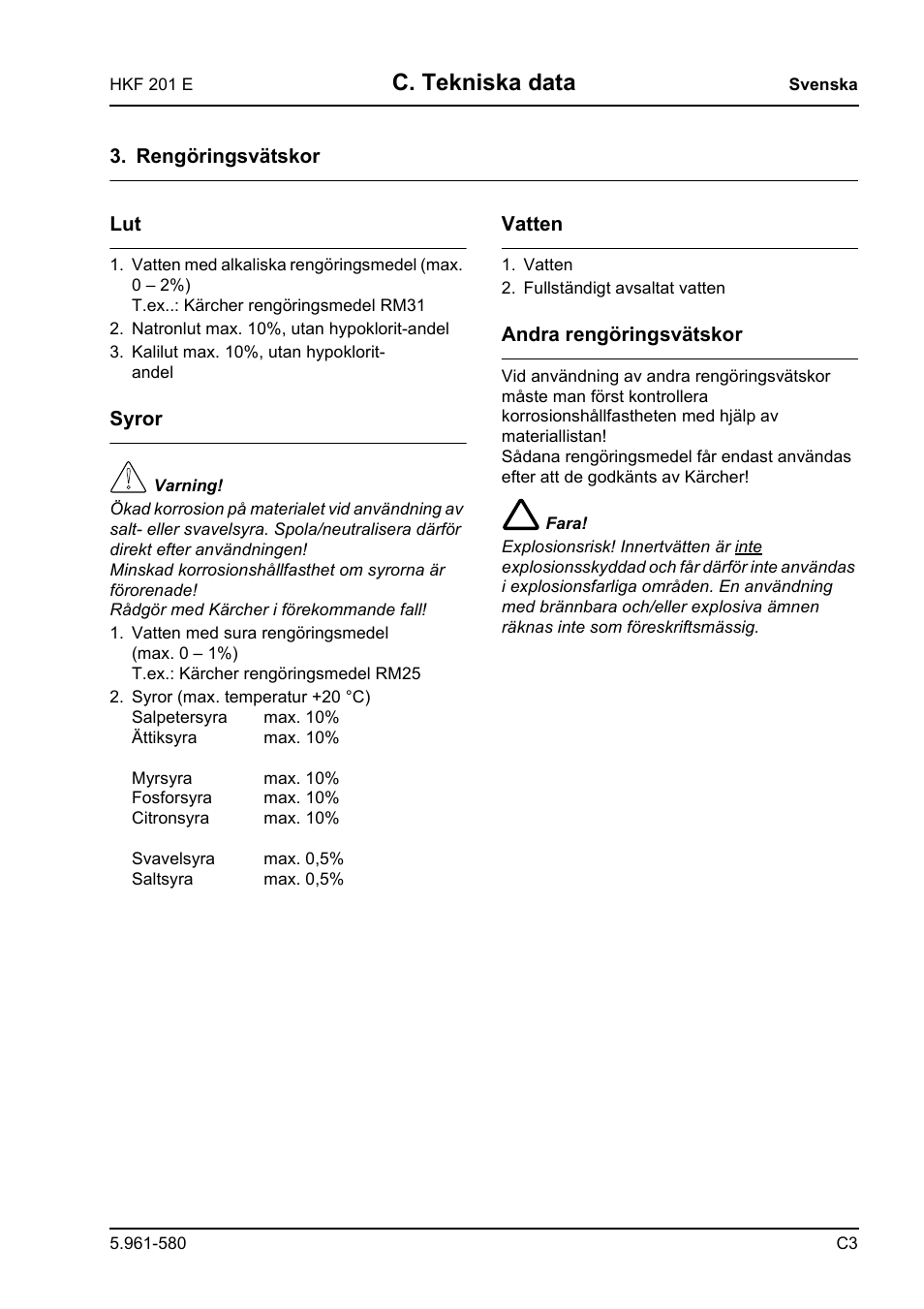 C. tekniska data | Karcher HKF 201 E User Manual | Page 129 / 160
