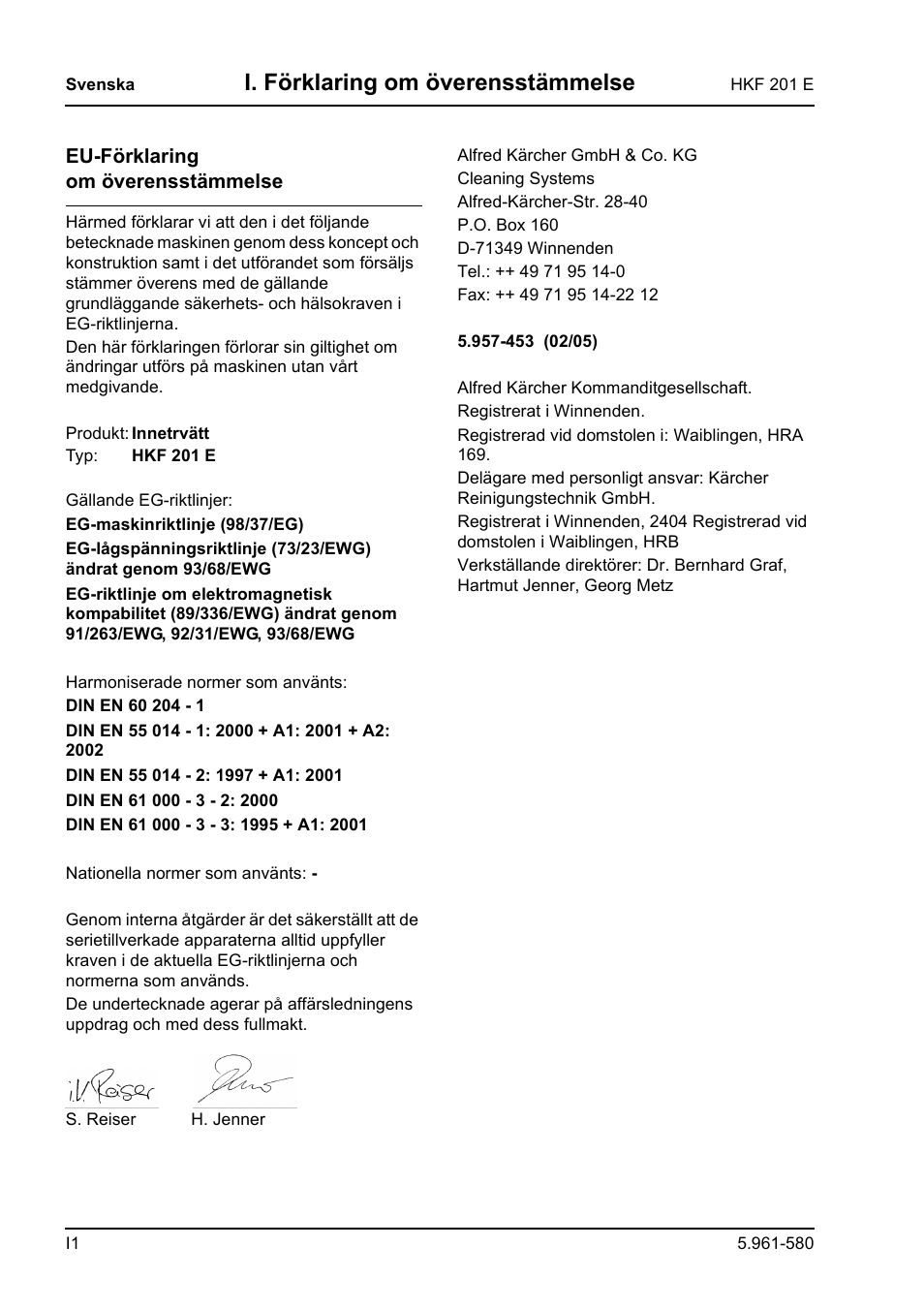 I. förklaring om överensstämmelse | Karcher HKF 201 E User Manual | Page 140 / 160