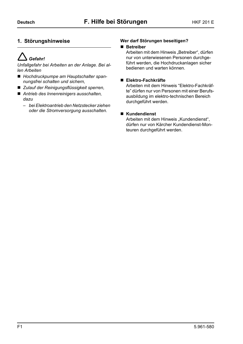 F. hilfe bei störungen | Karcher HKF 201 E User Manual | Page 16 / 160