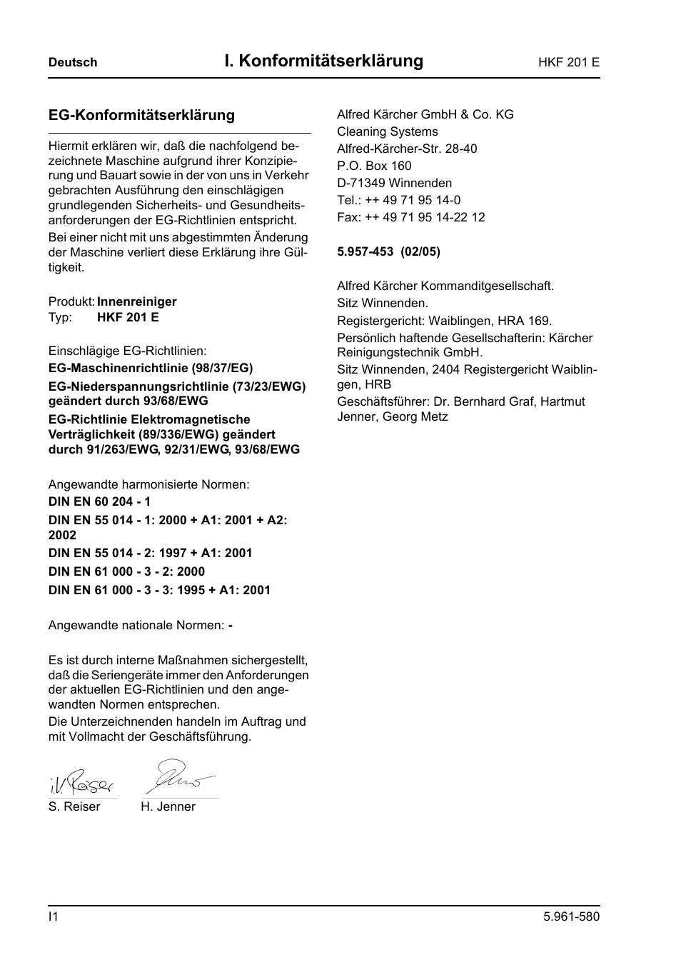 I. konformitätserklärung | Karcher HKF 201 E User Manual | Page 20 / 160