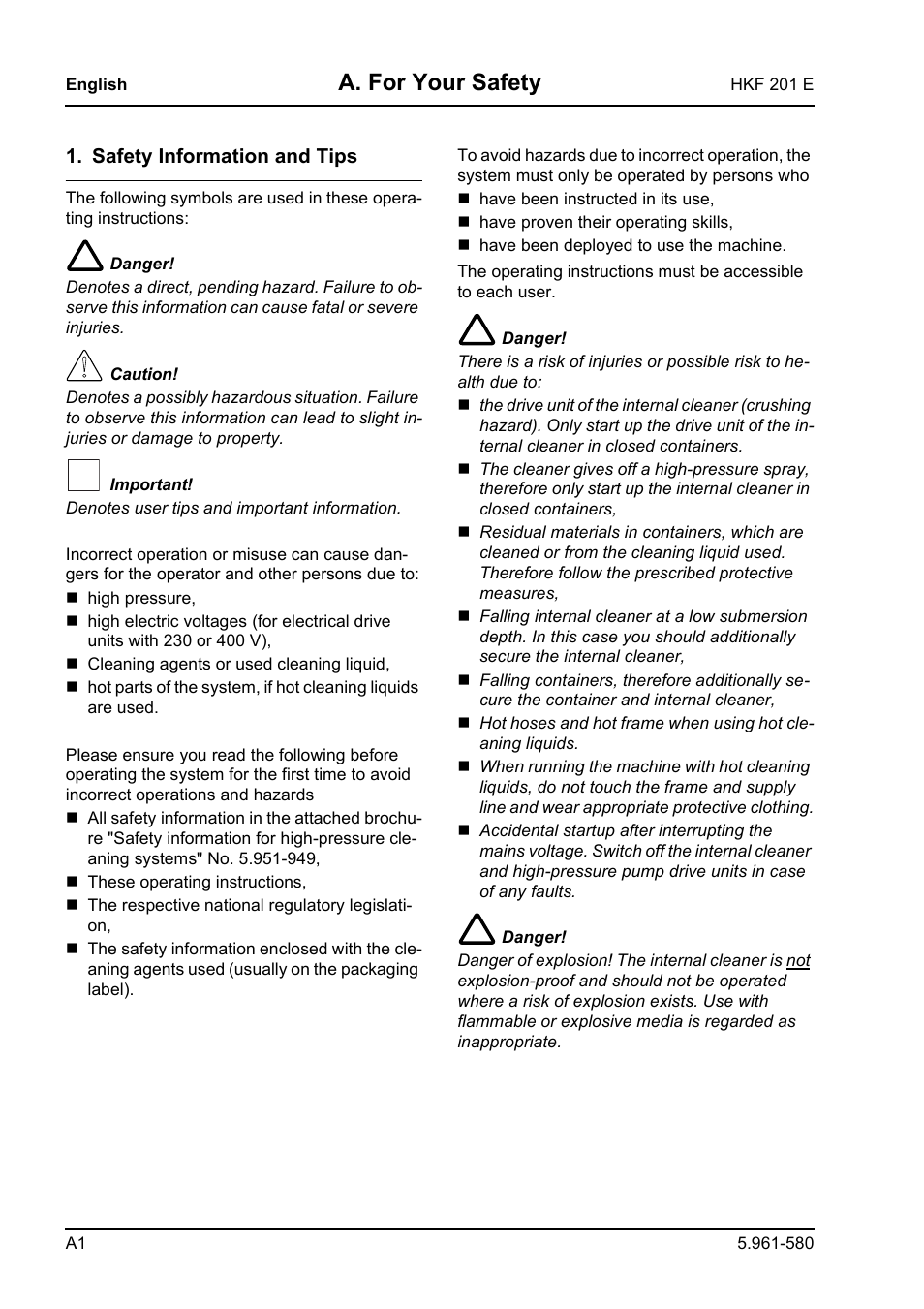 A. for your safety | Karcher HKF 201 E User Manual | Page 24 / 160