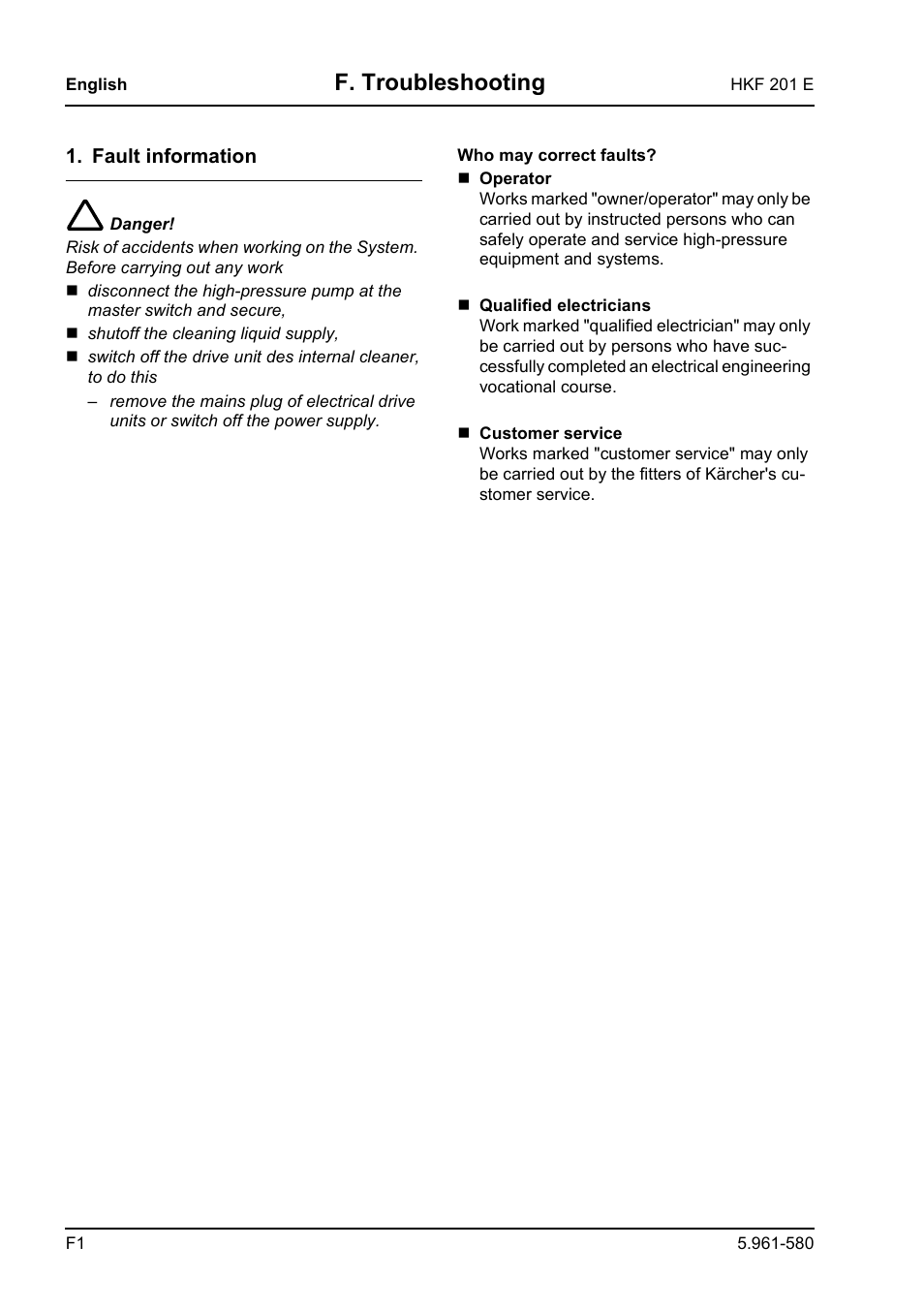 F. troubleshooting | Karcher HKF 201 E User Manual | Page 36 / 160