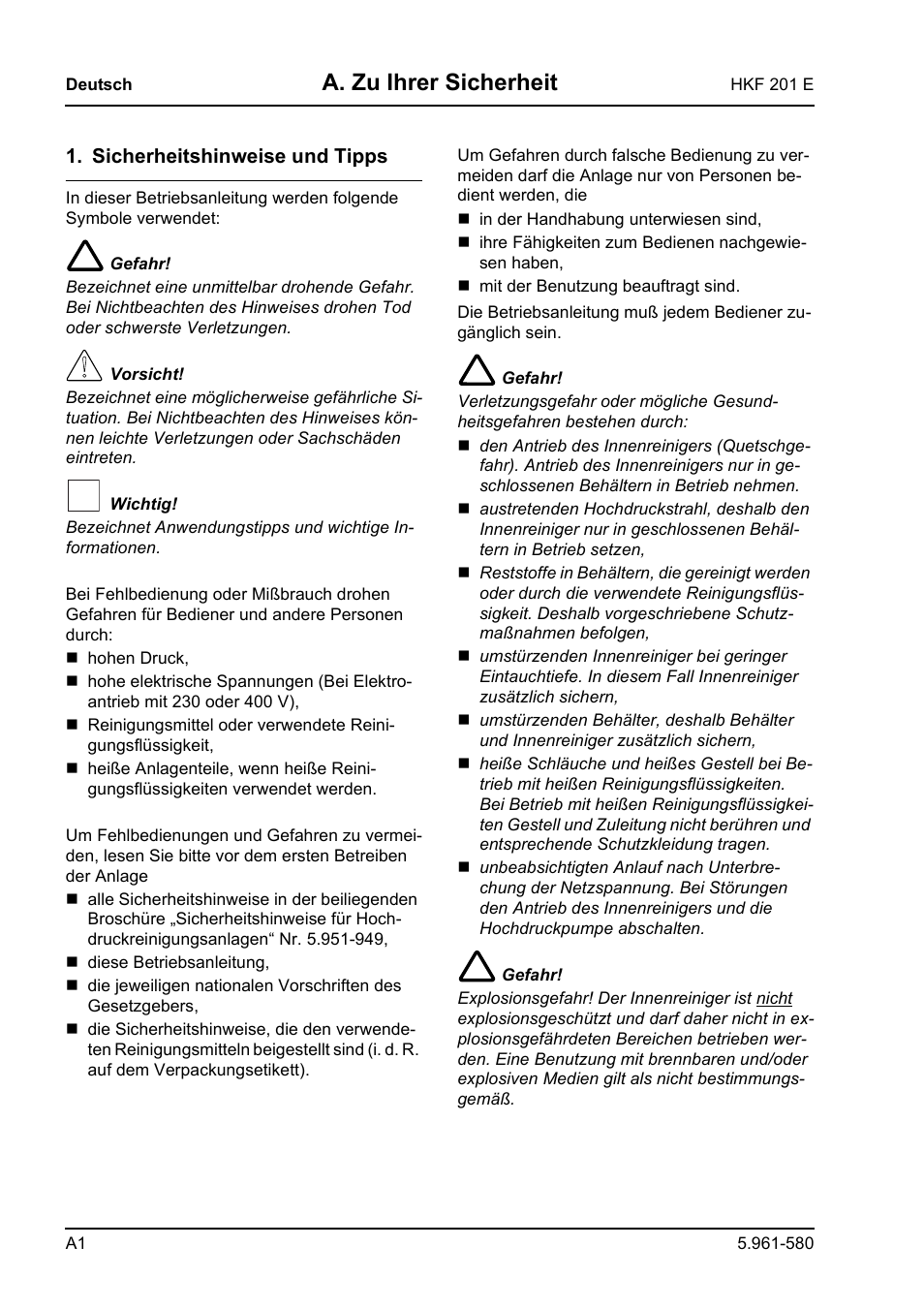 A. zu ihrer sicherheit | Karcher HKF 201 E User Manual | Page 4 / 160