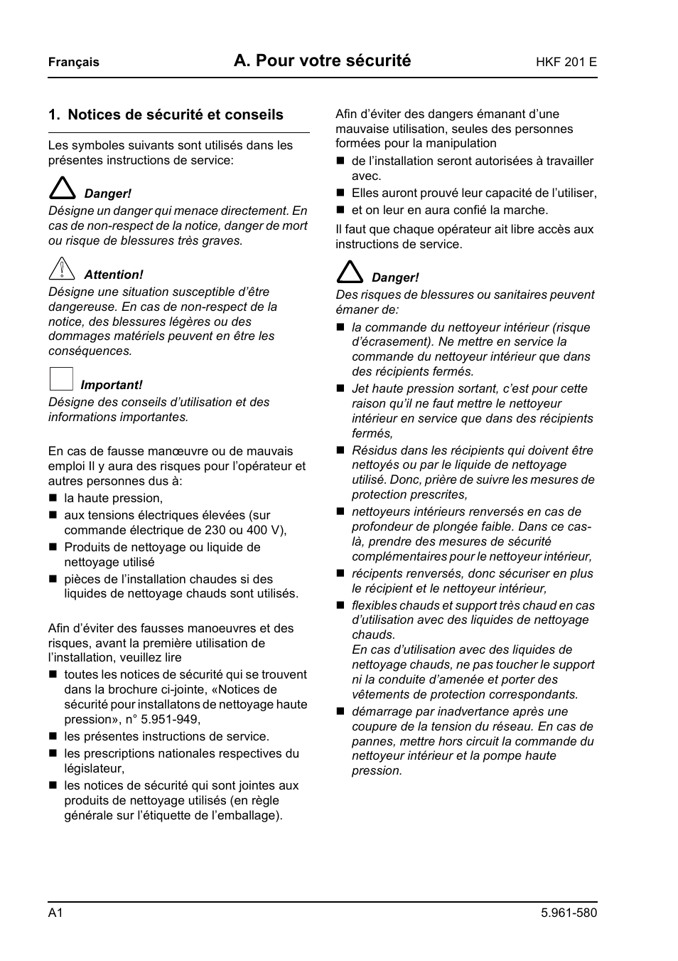 A. pour votre sécurité | Karcher HKF 201 E User Manual | Page 44 / 160