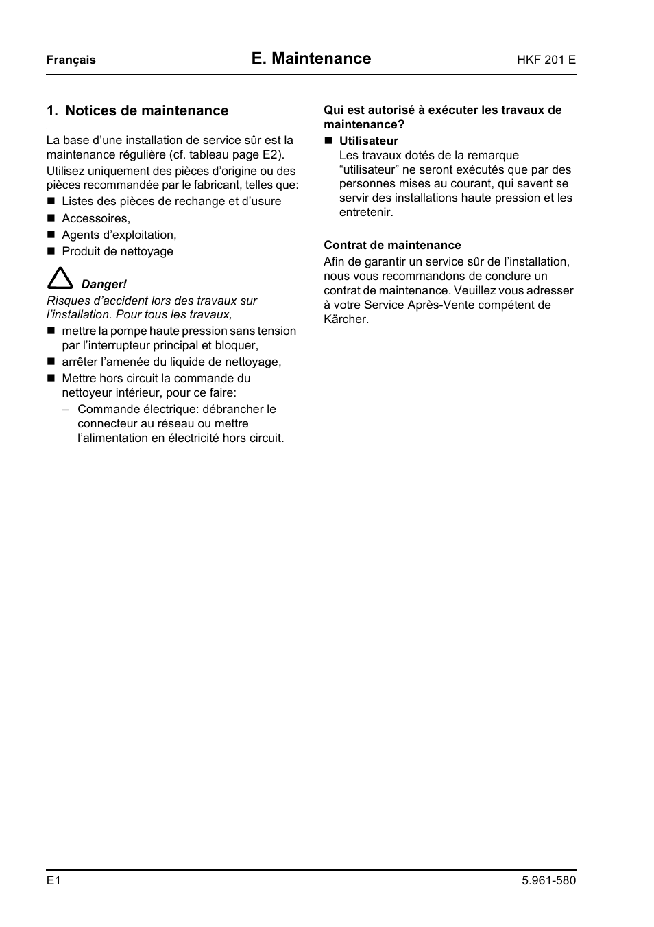 E. maintenance | Karcher HKF 201 E User Manual | Page 54 / 160