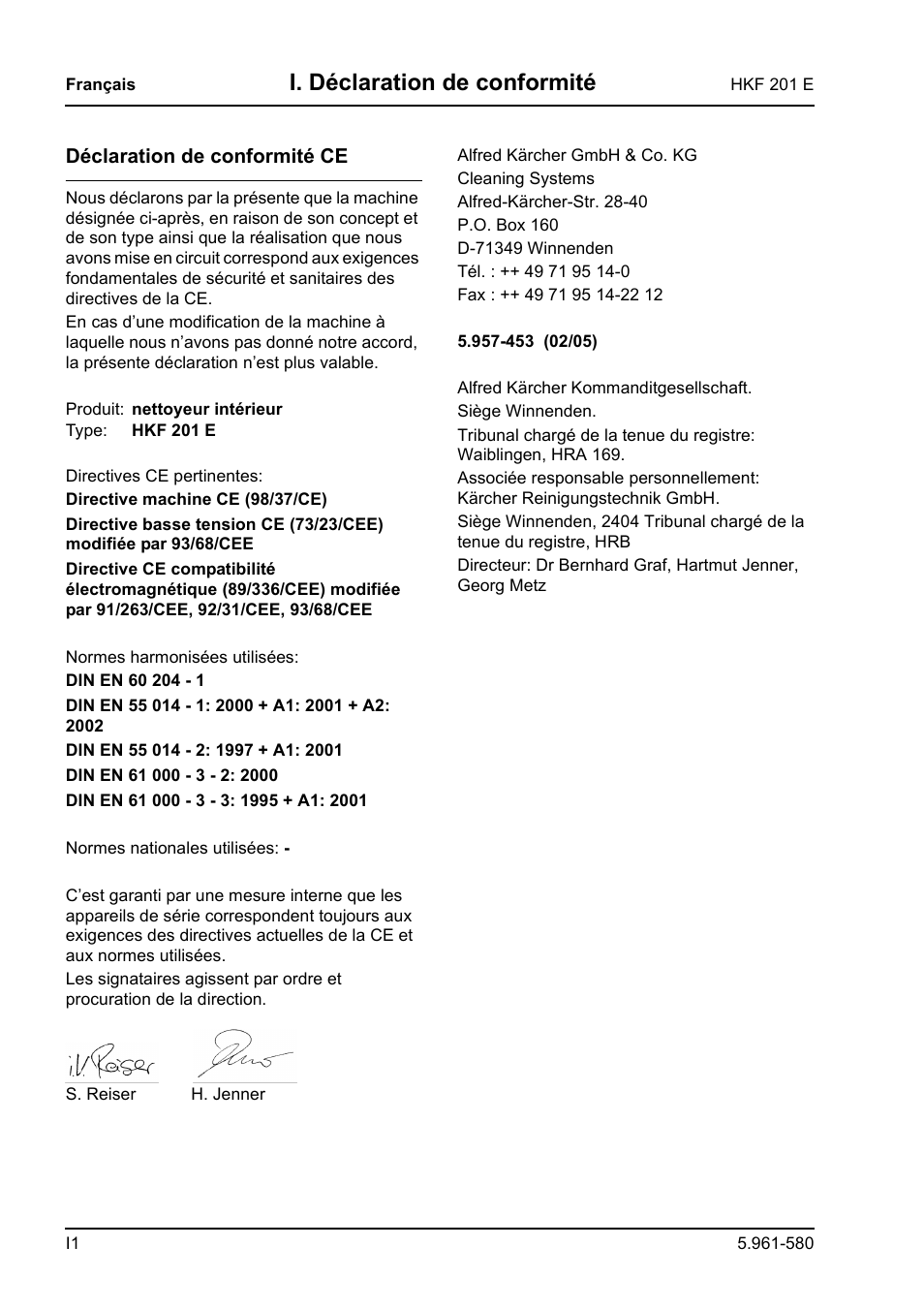I. déclaration de conformité | Karcher HKF 201 E User Manual | Page 60 / 160