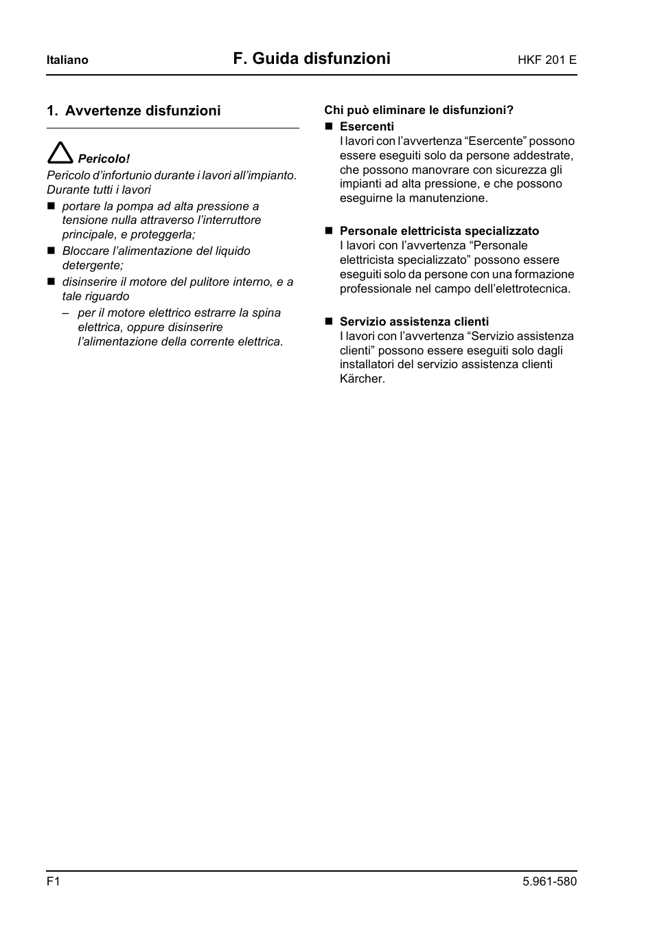 F. guida disfunzioni | Karcher HKF 201 E User Manual | Page 76 / 160